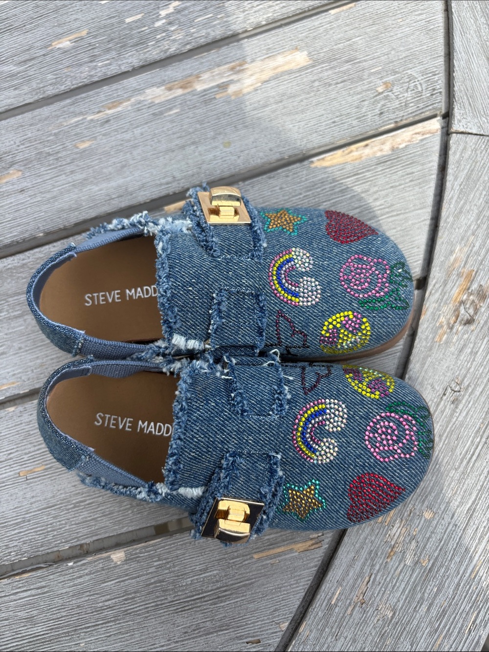 Nwot!!Steve Madden Kids Denim Slip-On Moccasins with Multicolor Bead Accents